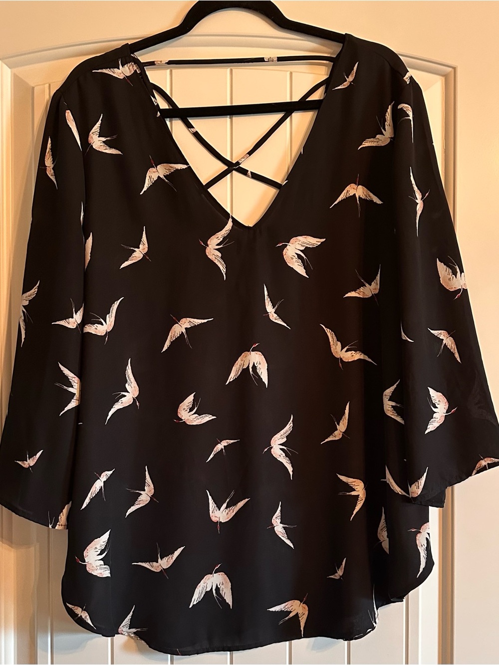 Dynamite Black Bird-Print V-Neck Blouse with Crisscross Back